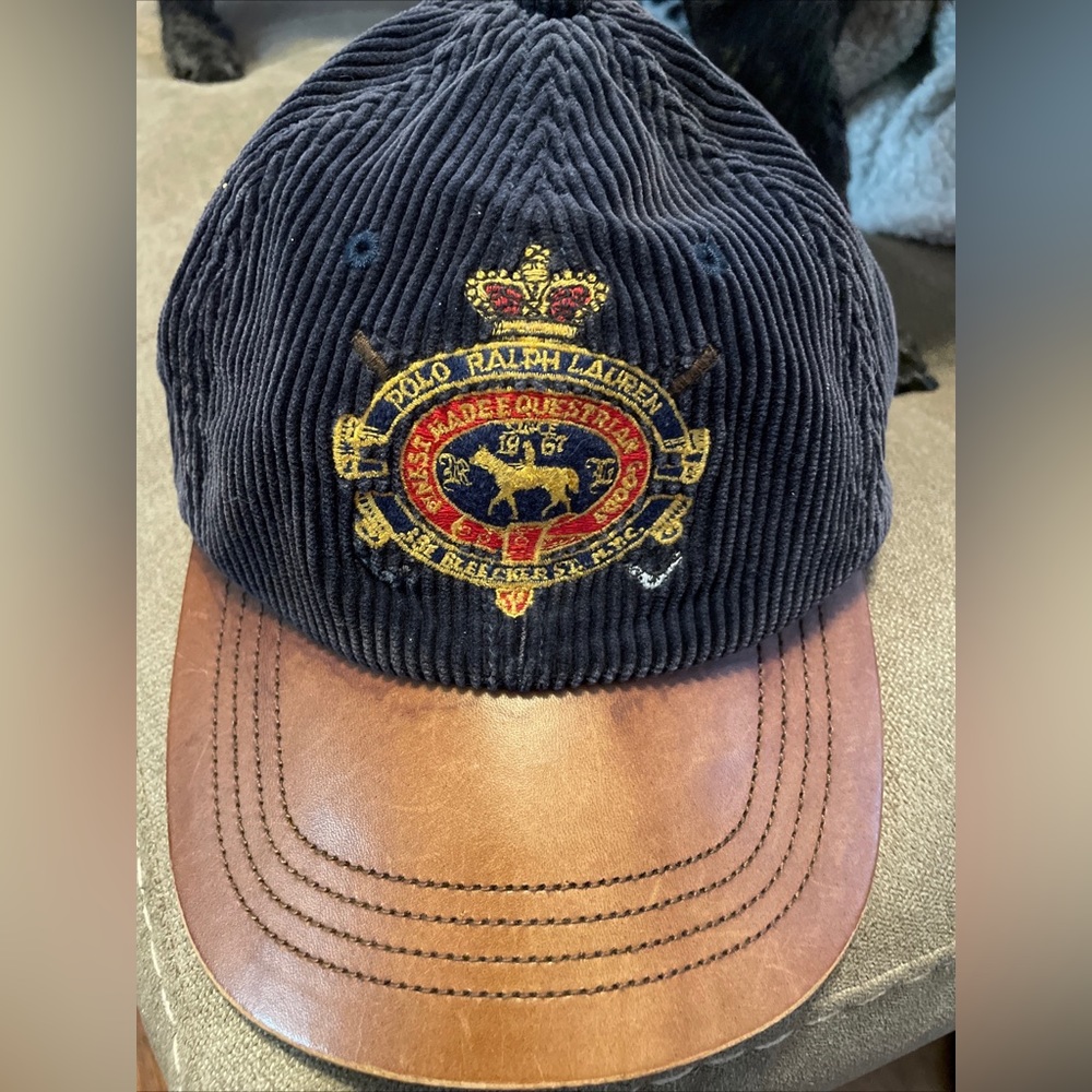 Polo Ralph Lauren Leather Hat Crest RRL VtG Equestrian Horse Blue Corduroy Rugby